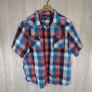 Urban Industry Men XXL Checkered Red Blue Short Sleeve Casual Button Down Shirt